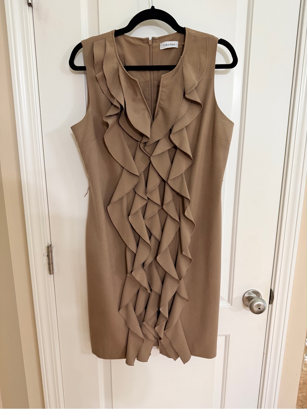 Calvin Klein Taupe Ruffle Front Sheath Dress